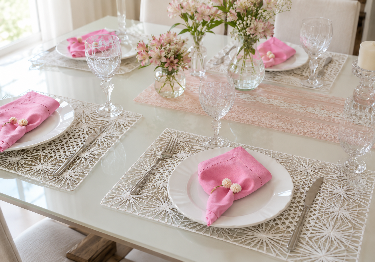 Mesa clara com renda fil&eacute; branca, guardanapos rosa, lou&ccedil;as brancas e cristais