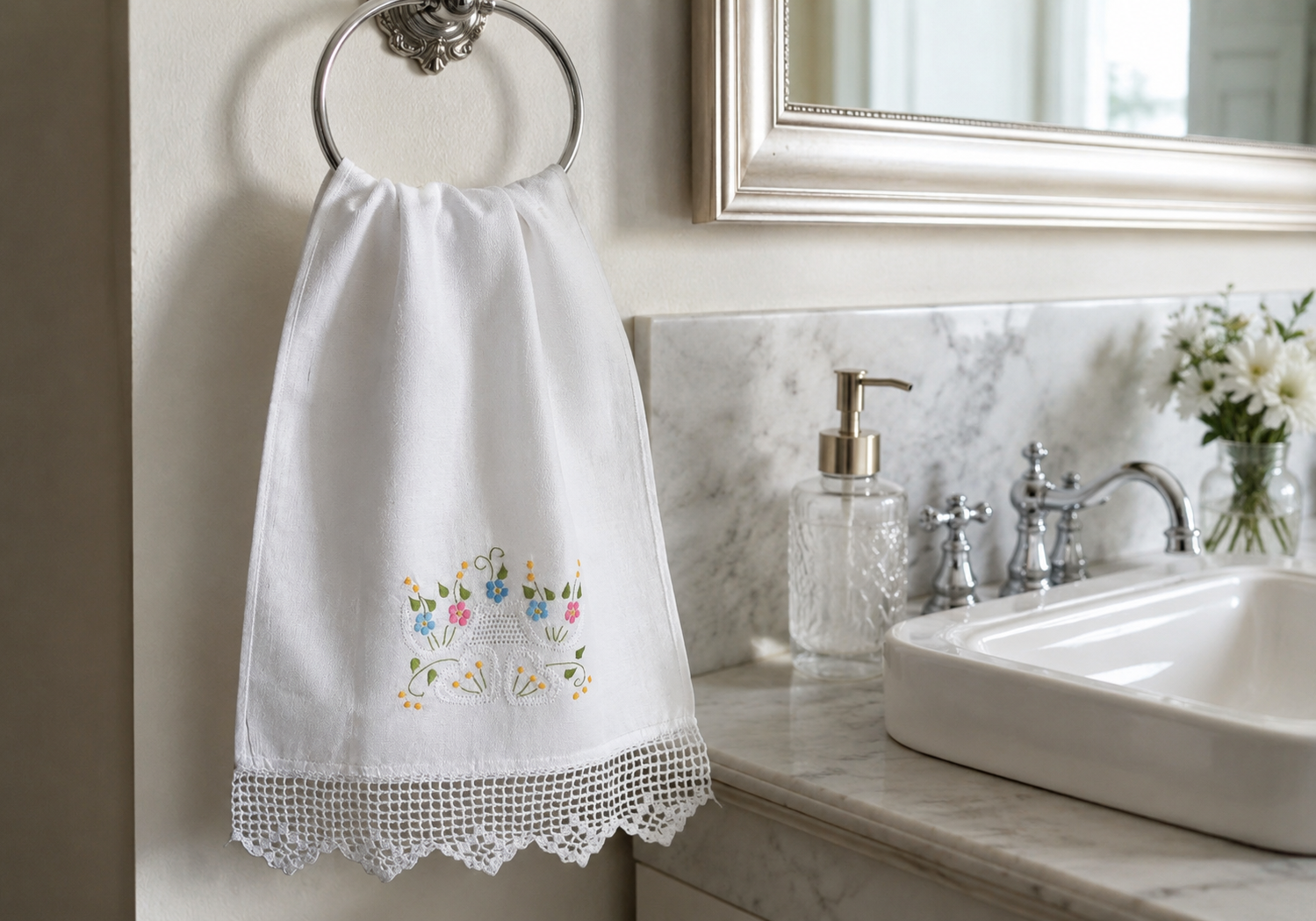 Toalha de lavabo bordada em banheiro simples e organizado