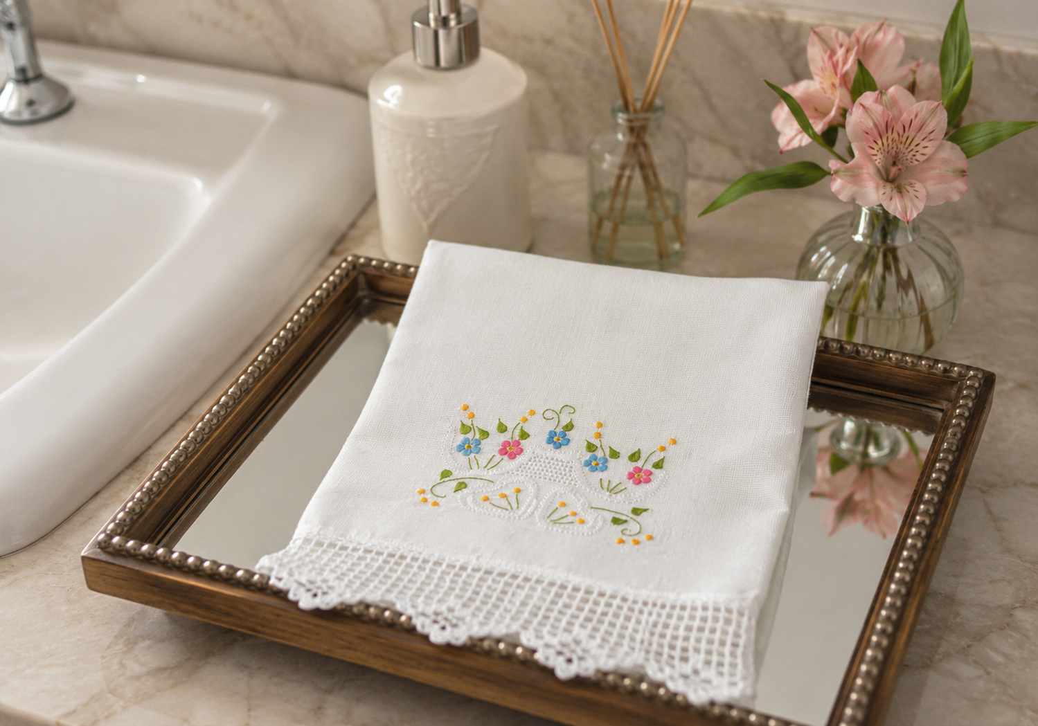 Toalha de lavabo bordada dobrada sobre bandeja decorativa
