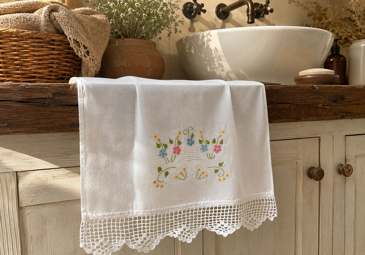 Toalha de lavabo bordada combinada com bandeja, saboneteira e flores
