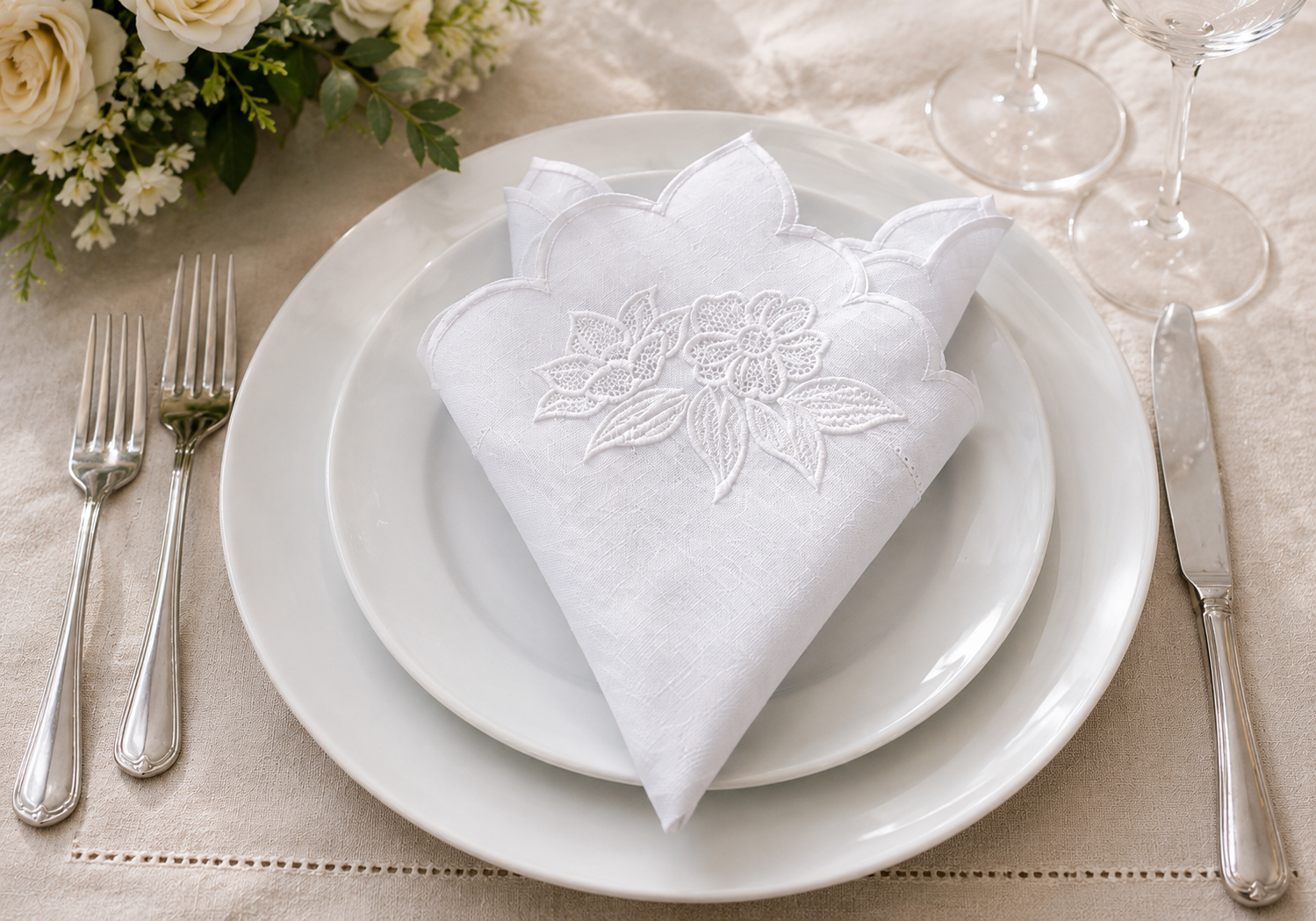 Guardanapo branco com bordado floral branco utilizado sobre o prato