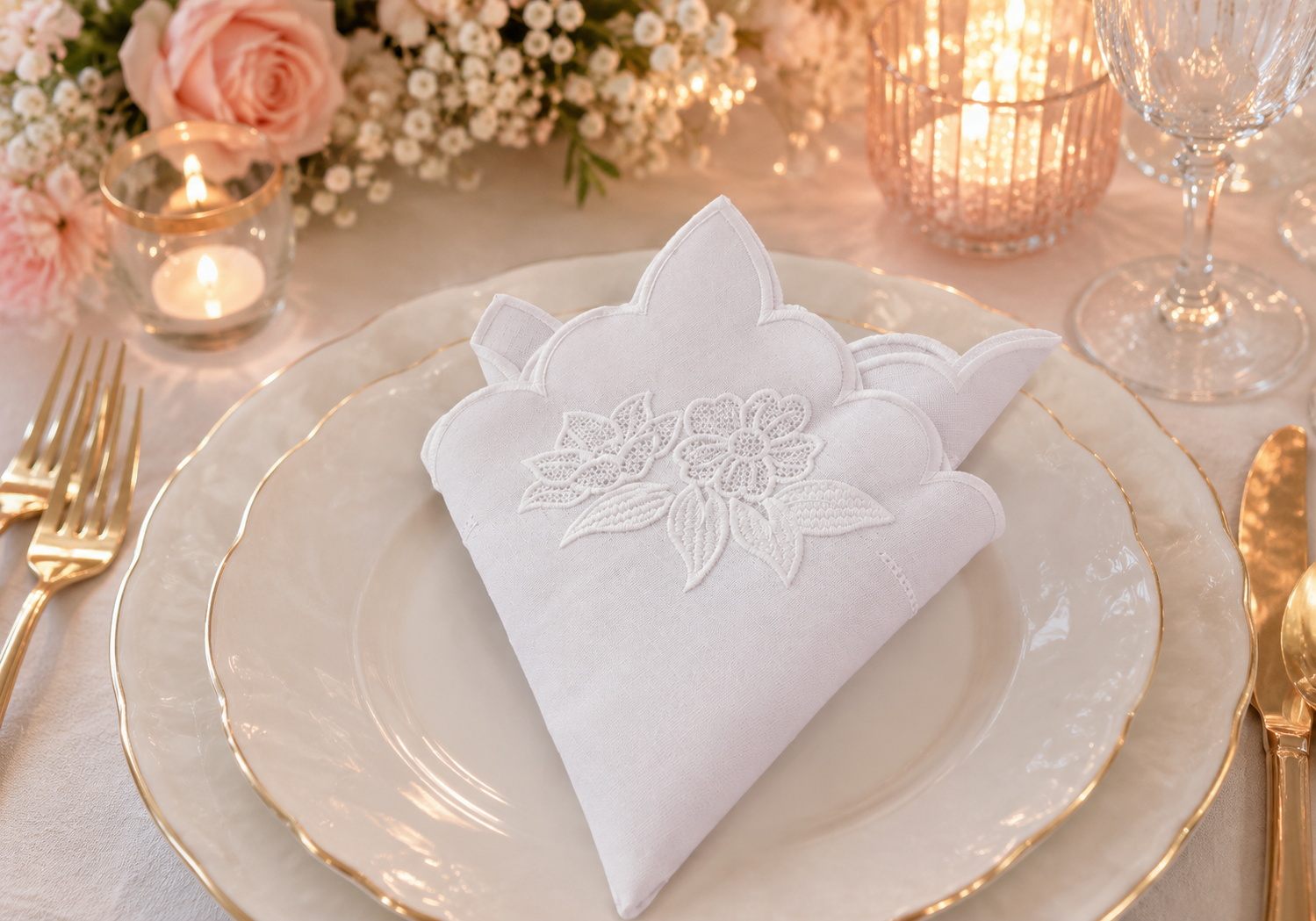 Guardanapo branco bordado em mesa de casamento