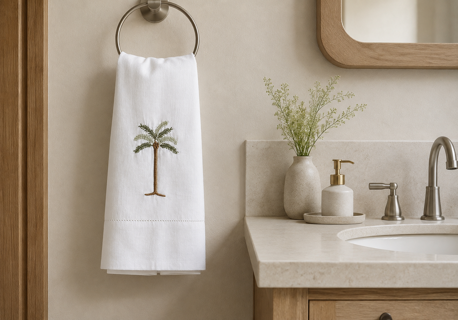 Toalha de lavabo branca com bordado de coqueiro em banheiro com decora&ccedil;&atilde;o natural