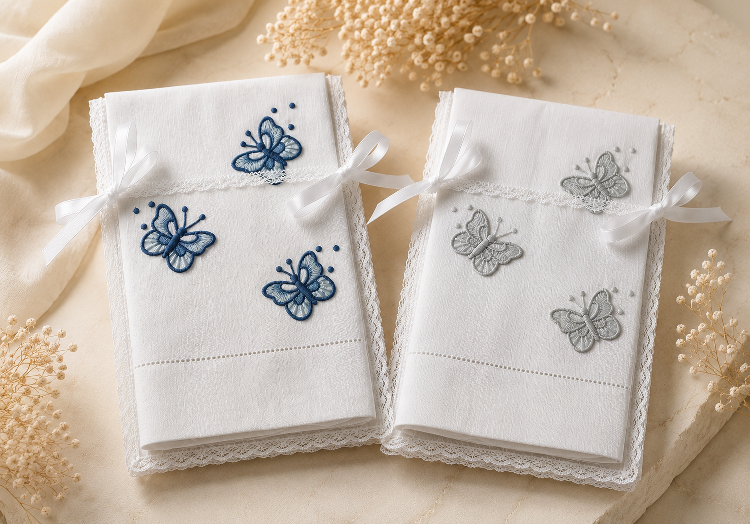 Toalha de lavabo branca com bordado floral e borboleta em composi&ccedil;&atilde;o elegante de banheiro