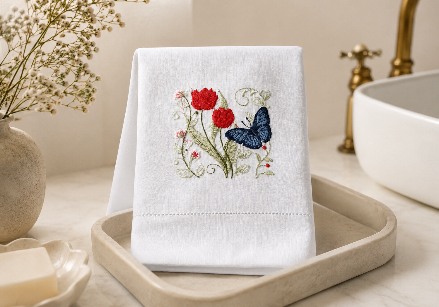 Toalha de lavabo branca com bordado de borboletas rosa