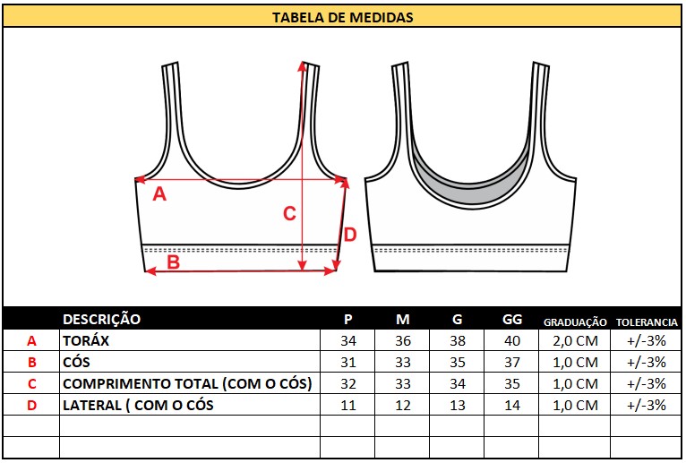 Tabela de medidas - Top Alça Reta Basic GS
