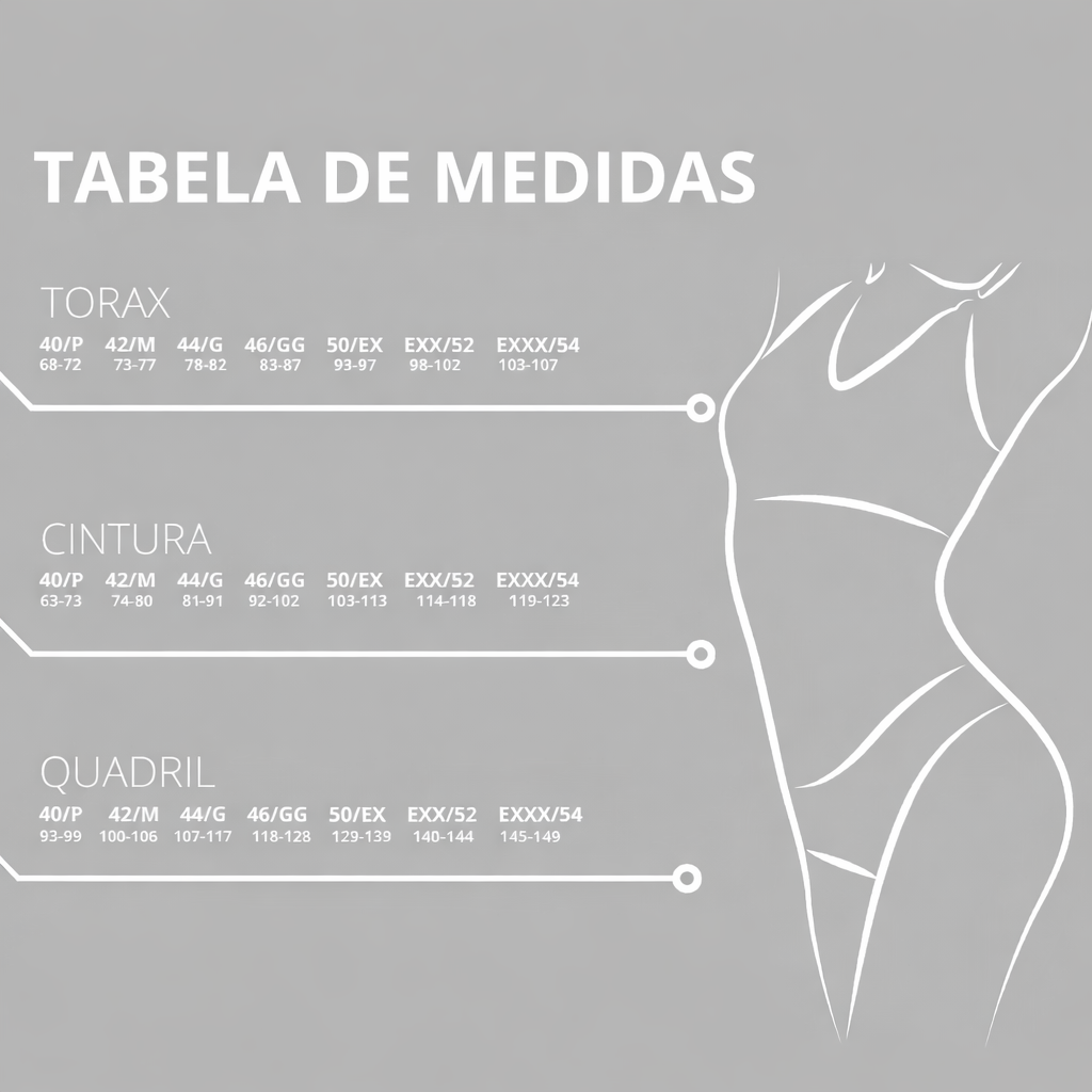 📌 Dica: utilize uma fita métrica e não aperte demais para garantir uma medida mais precisa. Se ficar em dúvida entre dois tamanhos, recomendamos escolher o maior para mais conforto.