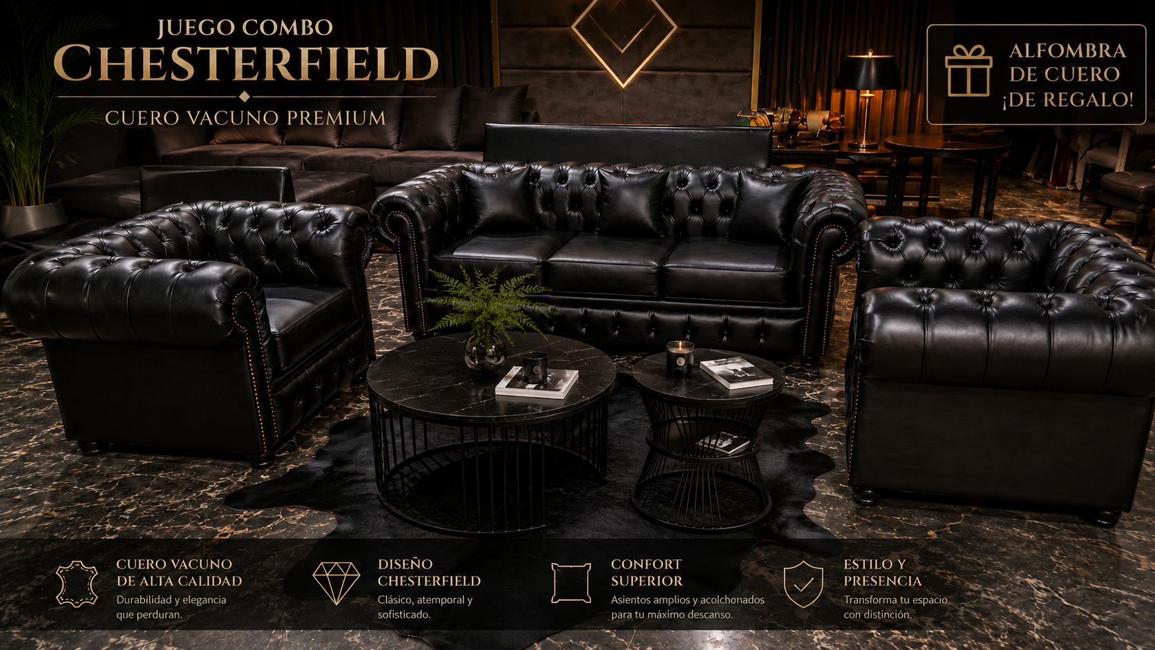Juego Combo Chesterfield Cuero Vacuno Premium