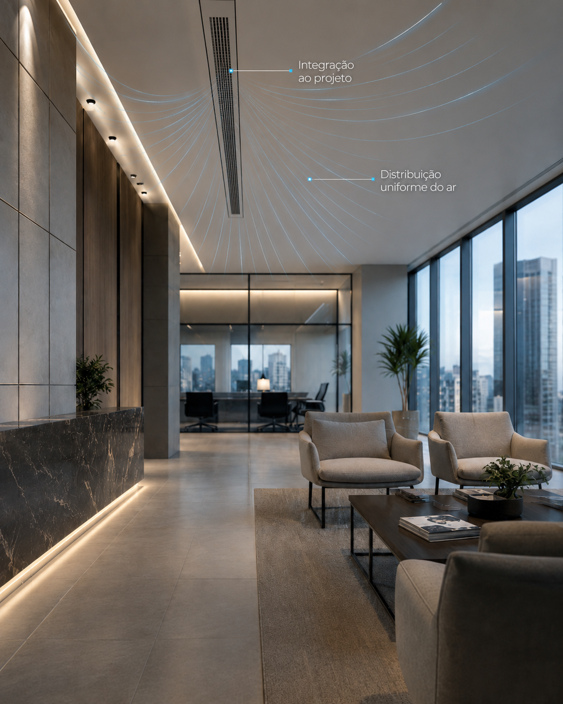 Ambiente corporativo com climatização VRF integrada ao projeto
