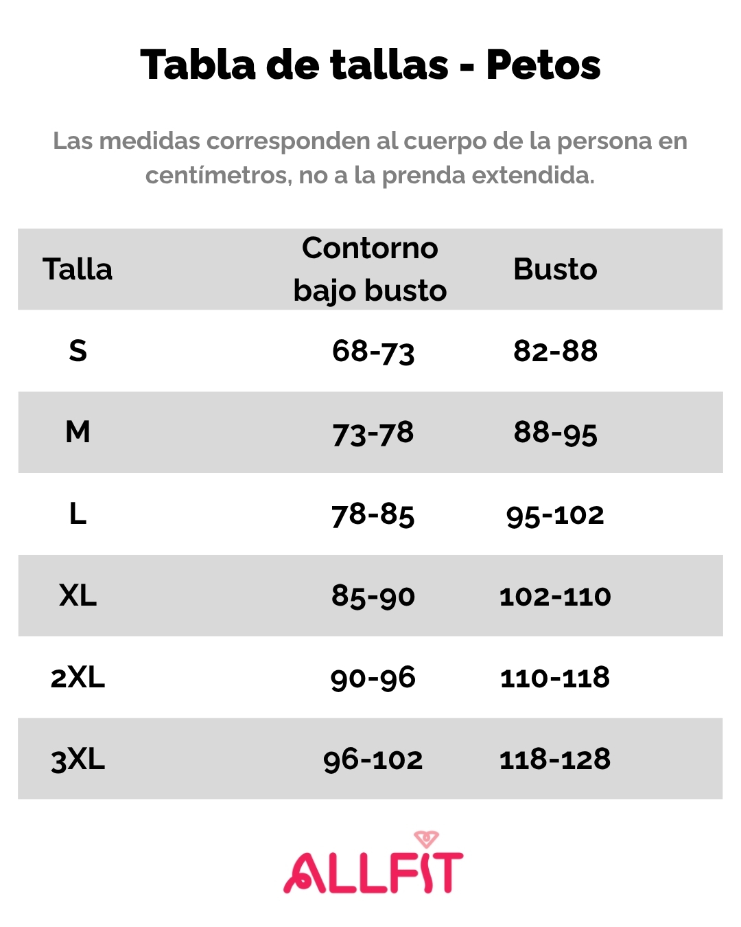 tabla d tallas peto con broche deportivo