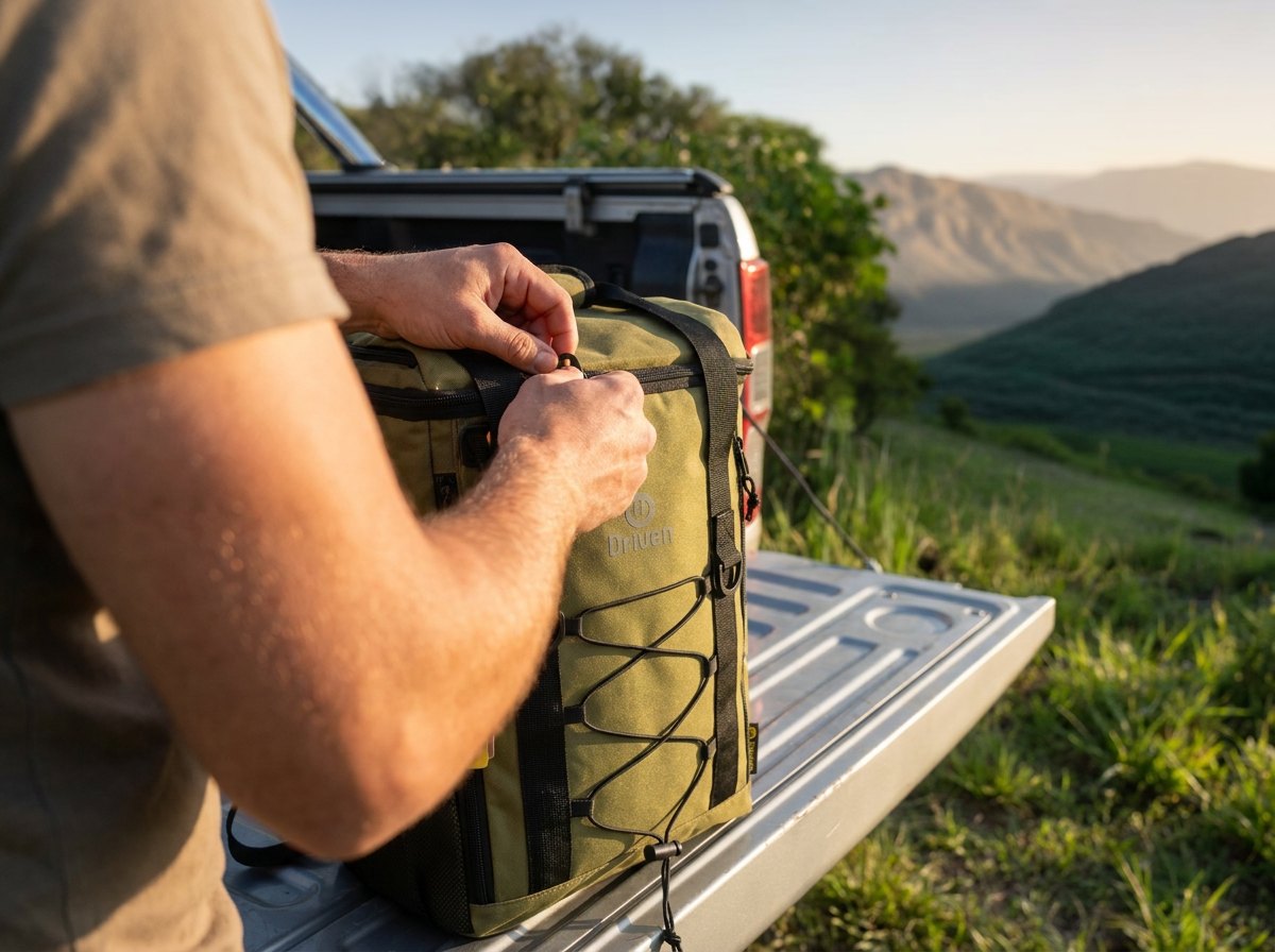 Bolso Driven cargado en la caja de una camioneta al atardecer