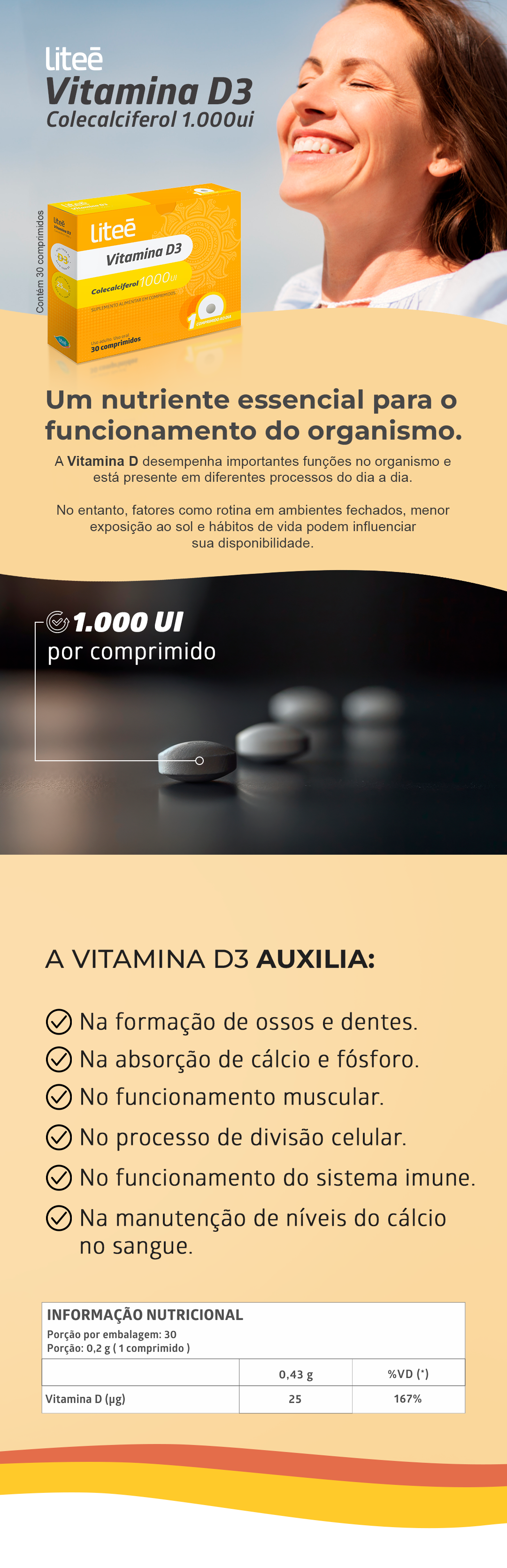 Banner da Vitamina D3 1.000 UI Liteê. Suplemento alimentar com 30 comprimidos que auxilia no funcionamento do sistema imune, na formação de ossos e dentes, na absorção de cálcio e fósforo, no funcionamento muscular e na manutenção dos níveis de cálcio no sangue. Recomendação de 1 comprimido ao dia.