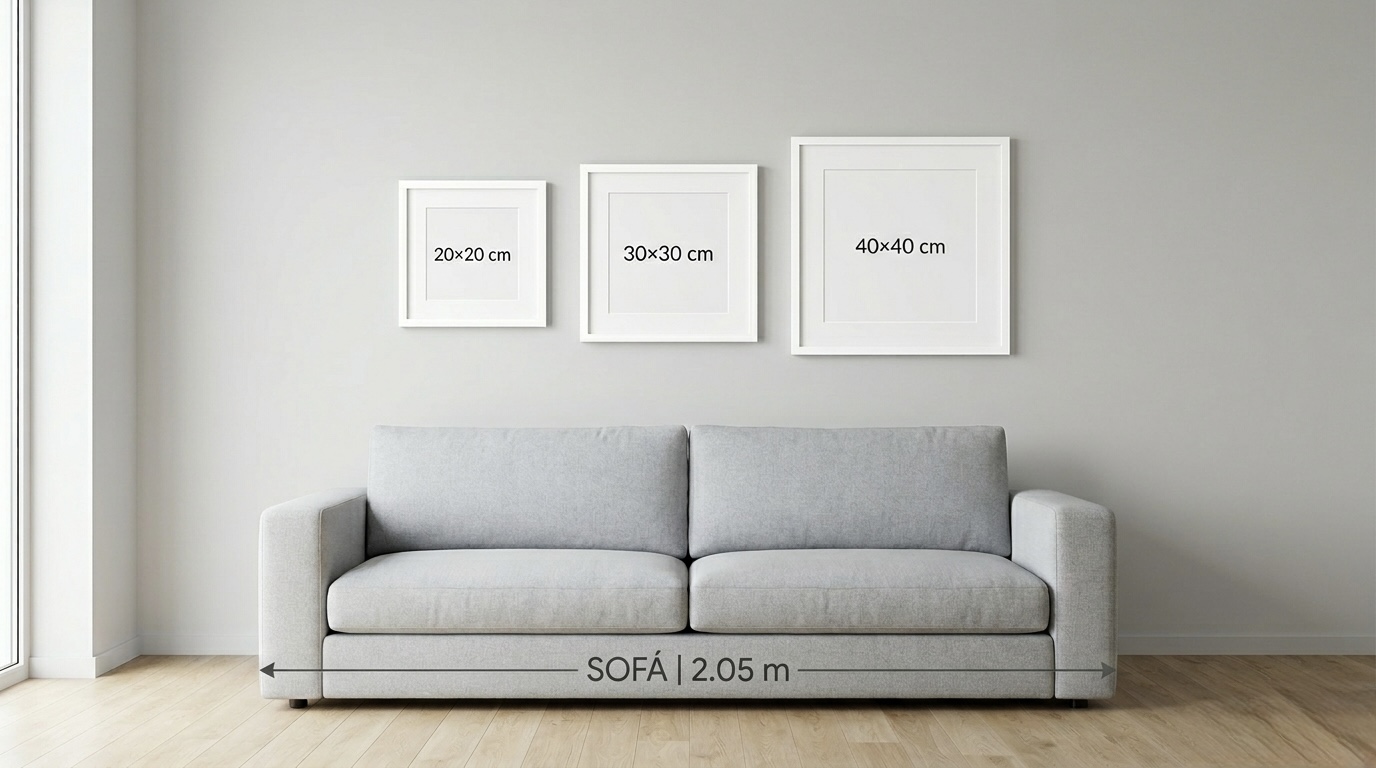 Comparação de tamanhos de quadros em moldura branca, incluindo formatos quadrados 20x20 cm, 30x30 cm e 40x40 cm com sofá de 2,05m.