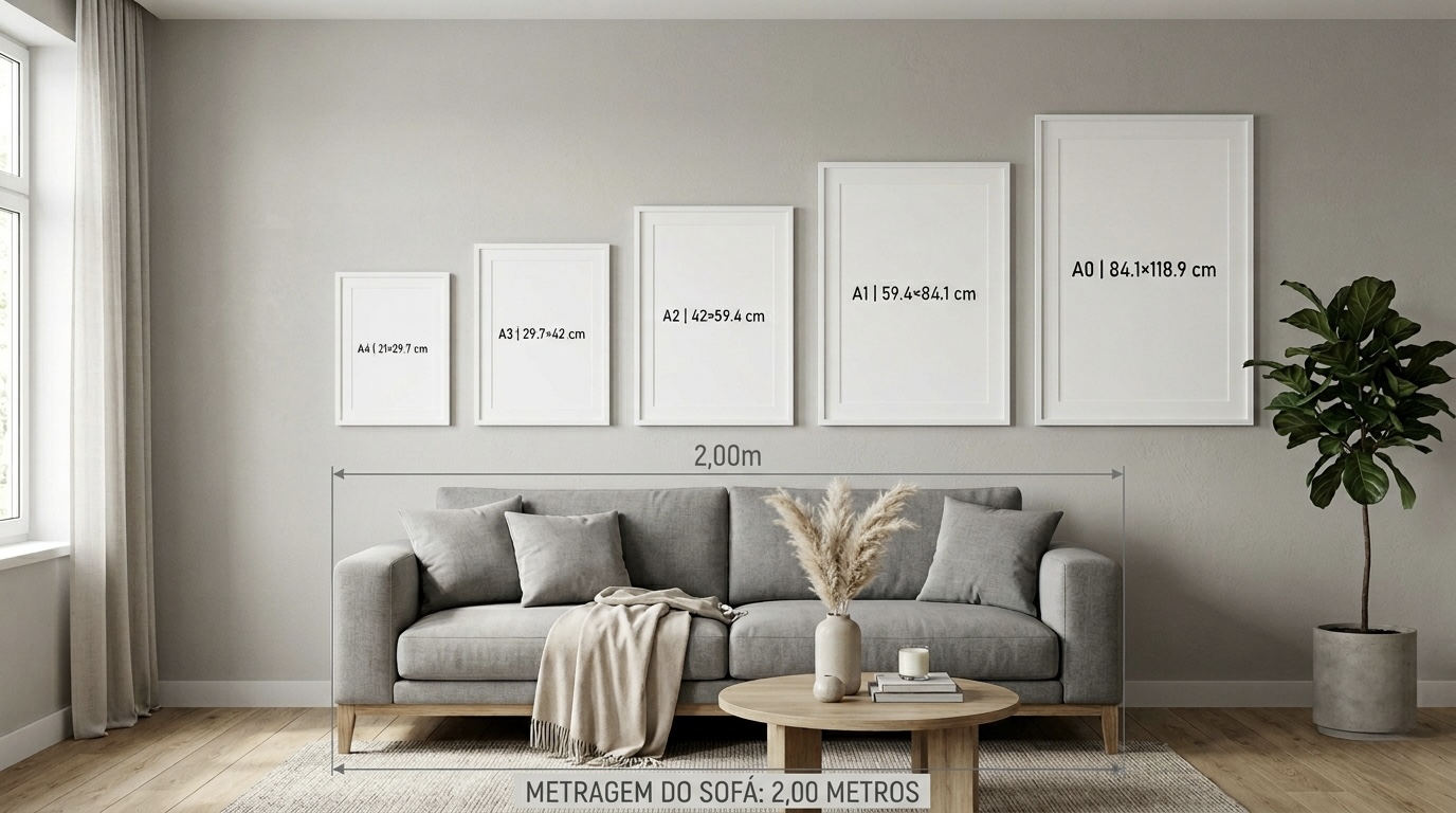 Comparação de tamanhos de quadros em moldura branca, incluindo formatos A4 (21x29,7 cm), A3 (29,7x42 cm), A2 (42x59,4 cm), A1 (59,4x84,1 cm), A0 (84,1x118,9 cm) em comparação com um sofá de 2,00m