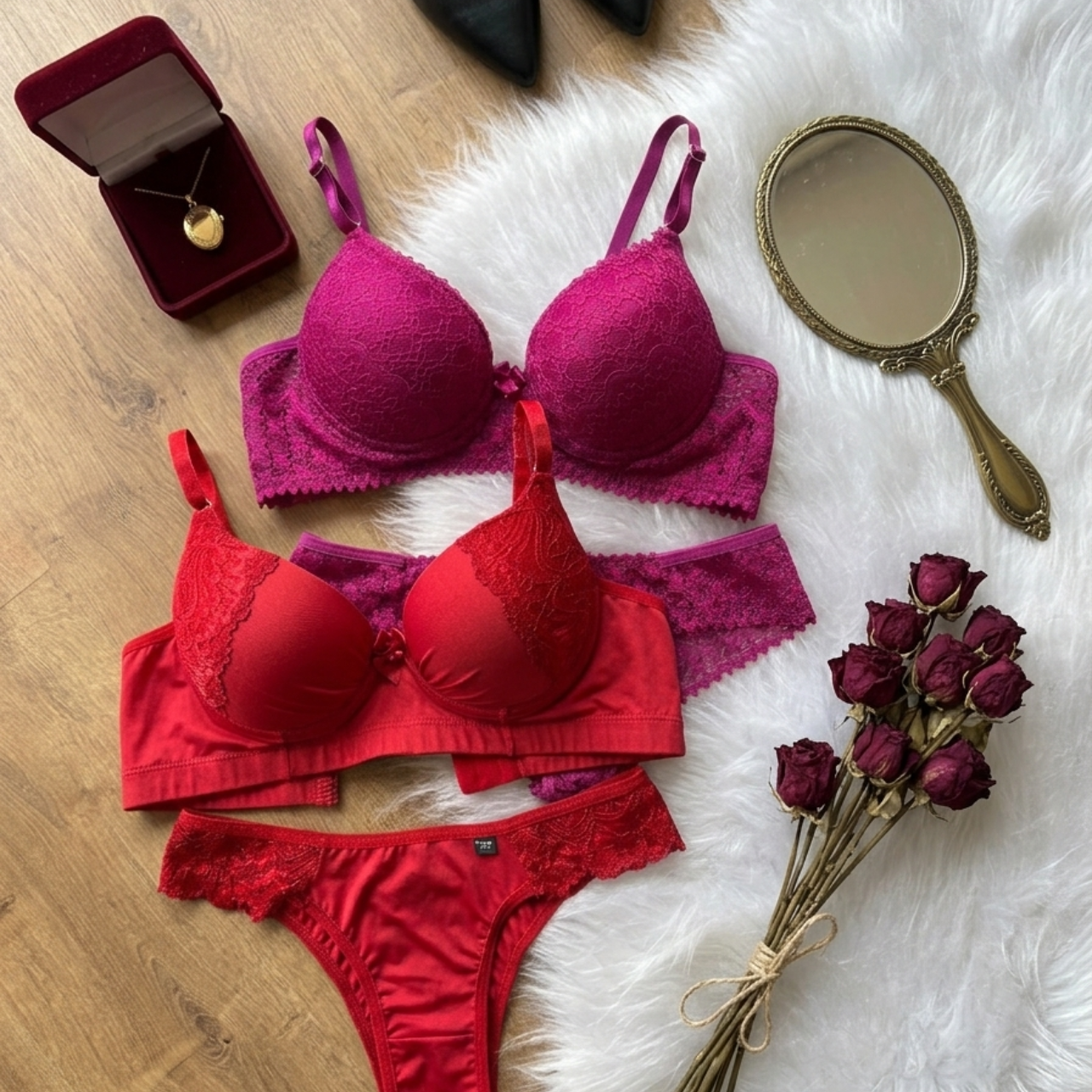 Lingerie vermelha e odalisca Liz & Vitoria Store sobre fundo branco e madeira com rosas