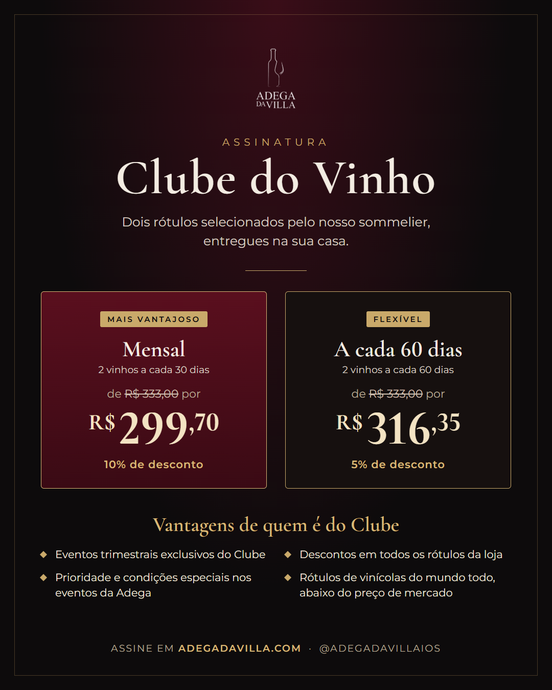 Clube do Vinho Adega da Villa: plano mensal de R$ 333,00 por R$ 299,70 e plano a cada 60 dias de R$ 333,00 por R$ 316,35
