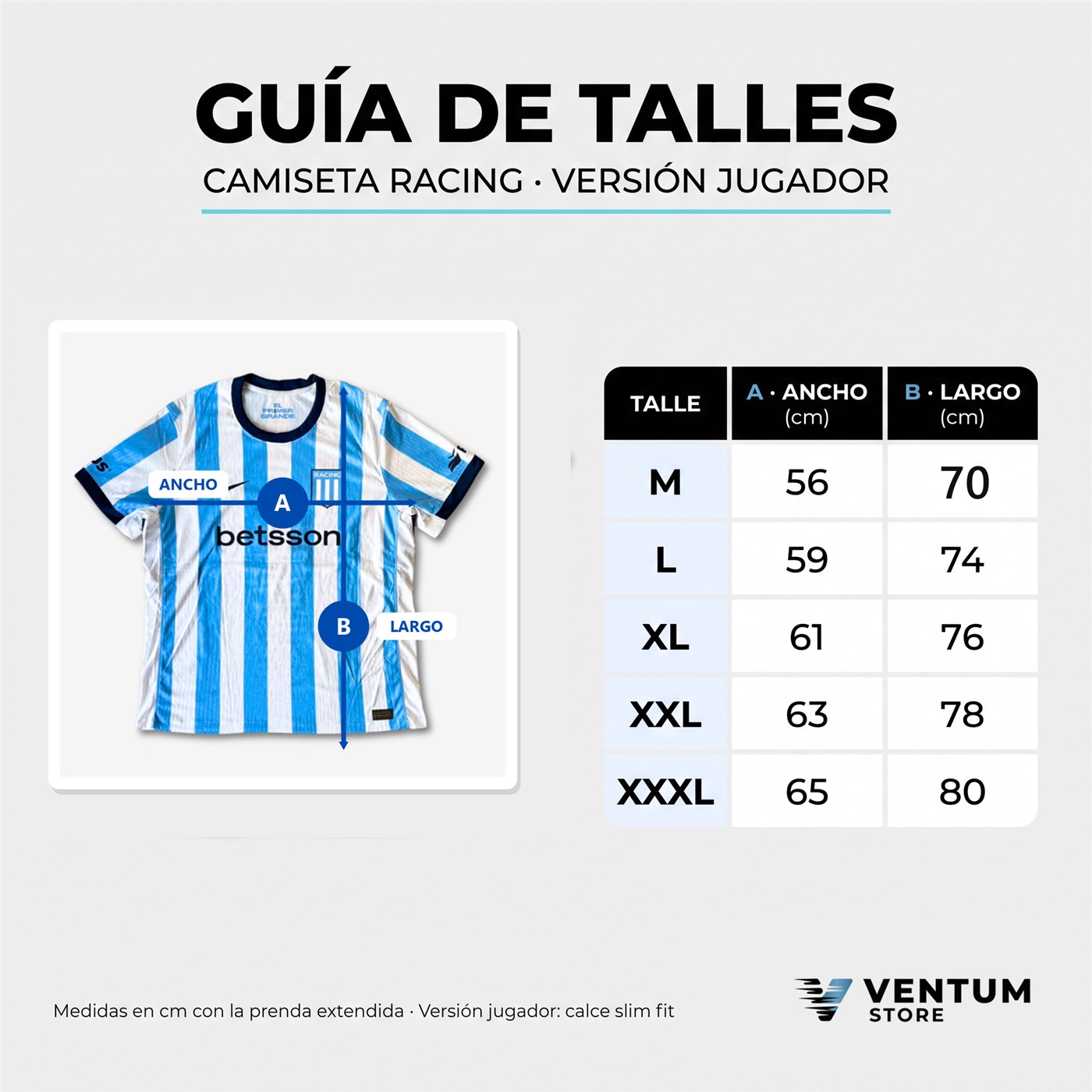 Gu&iacute;a de talles Camiseta Racing versi&oacute;n jugador