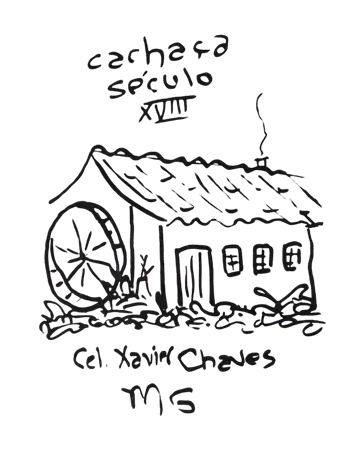 Desenho a traço da casa do engenho com a roda d'água