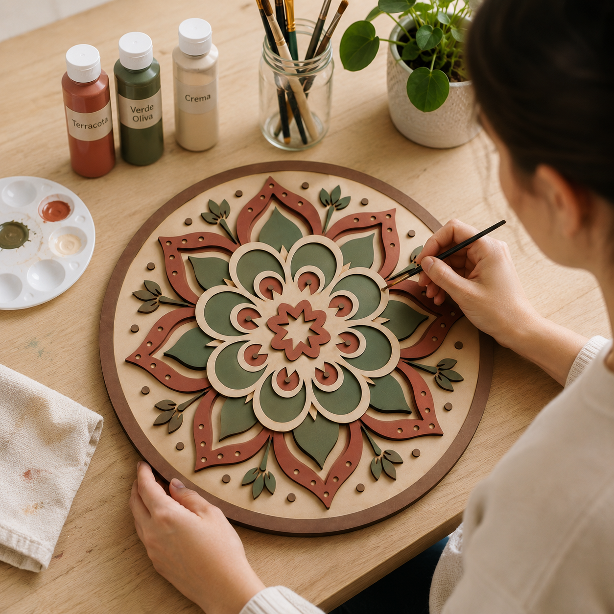 Proceso creativo de una persona pintando una mandala