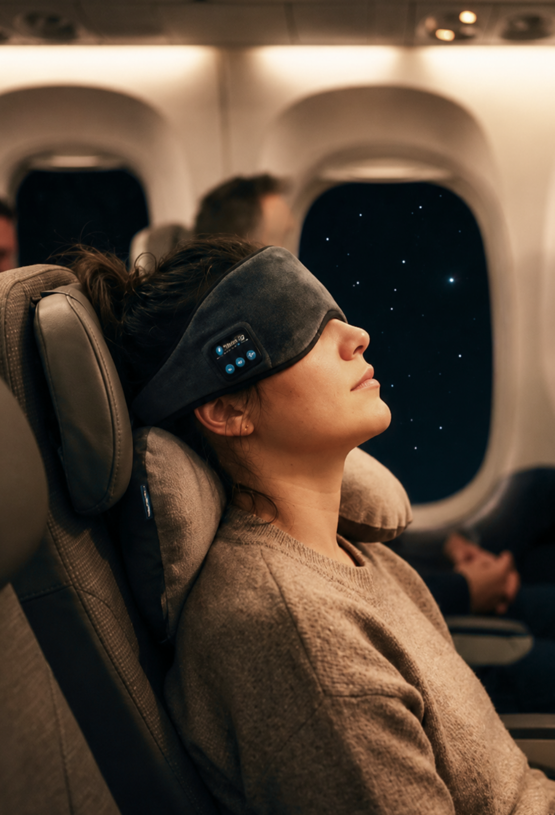 Viajero durmiendo en avi&oacute;n con Desluz