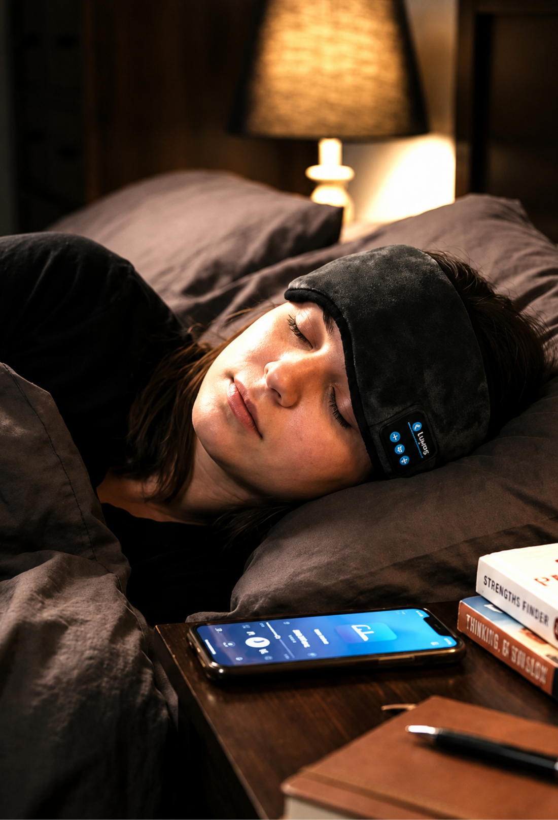Persona durmiendo con Desluz y m&uacute;sica