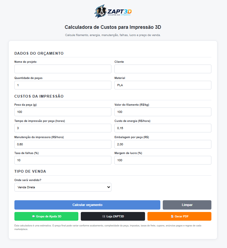 Calculadora de custos para impressão 3D da ZAPT3D com cálculo de filamento, energia, manutenção e lucro.