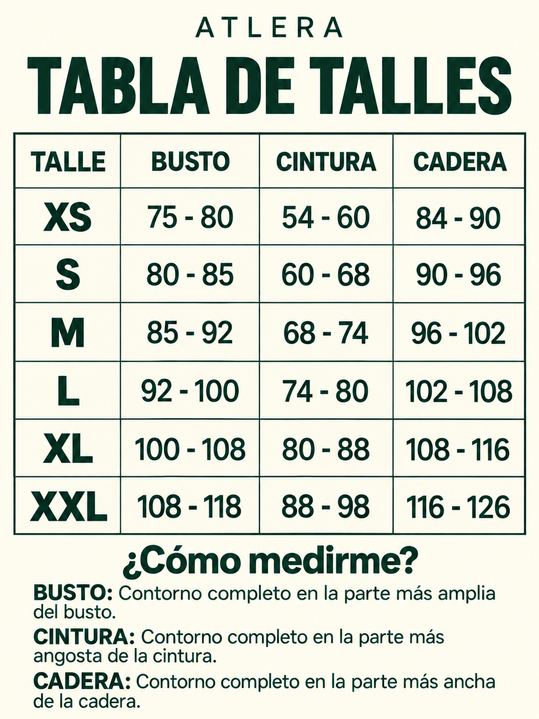 Tabla de talles ATLERA de XS a XXL: medidas de busto, cintura y cadera.