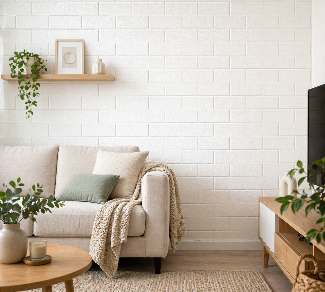 Placas 3D ladrillo blanco instaladas en pared