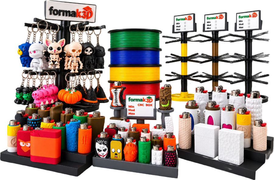 Llaveros, fundas para encendedor y exhibidores impresos en 3D por Formaké 3D