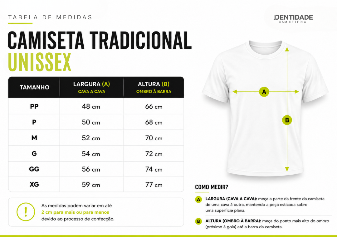 Tabela de Medidas - Camiseta Unissex