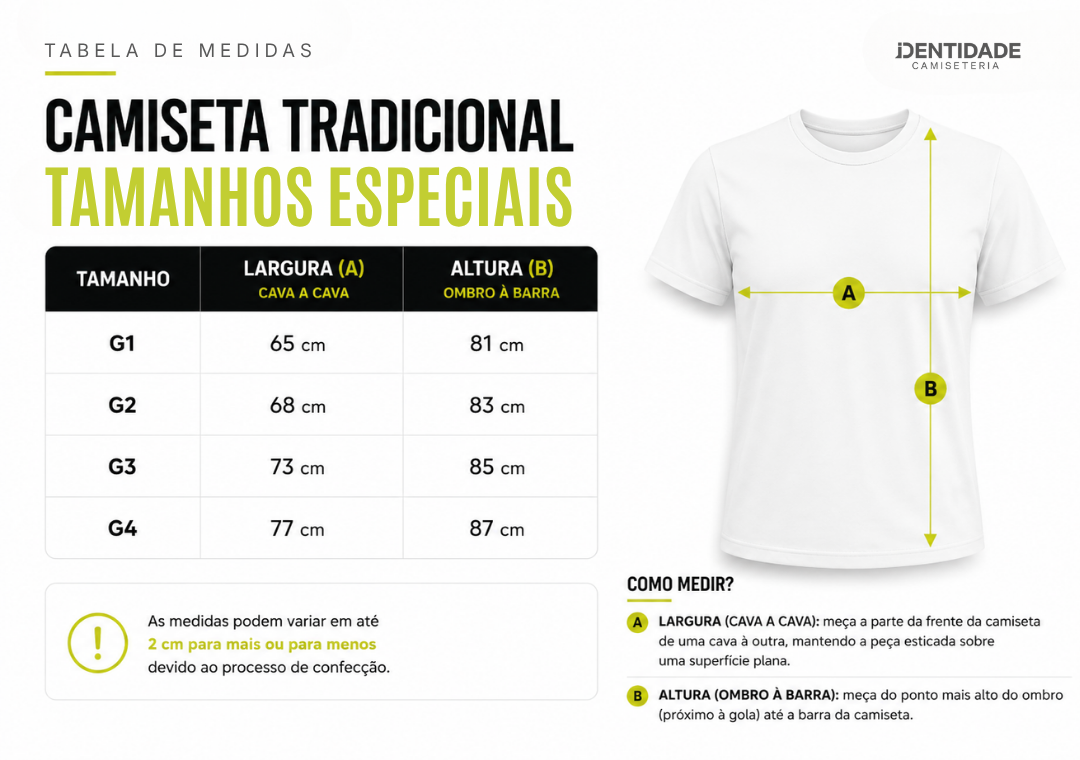 Tabela de Medidas - Tamanhos Especiais
