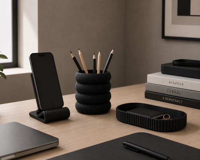 Piezas del Desk Set en un escritorio de home office