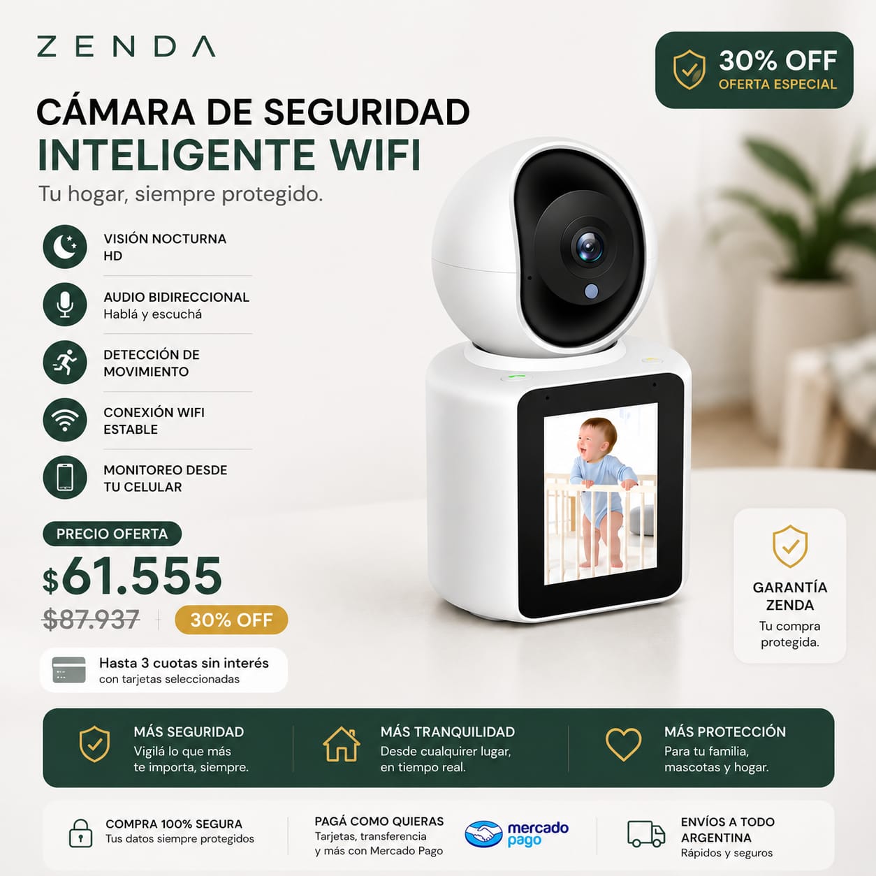 C&aacute;mara de Seguridad Inteligente WiFi ZENDA &mdash; 30% OFF $61.555
