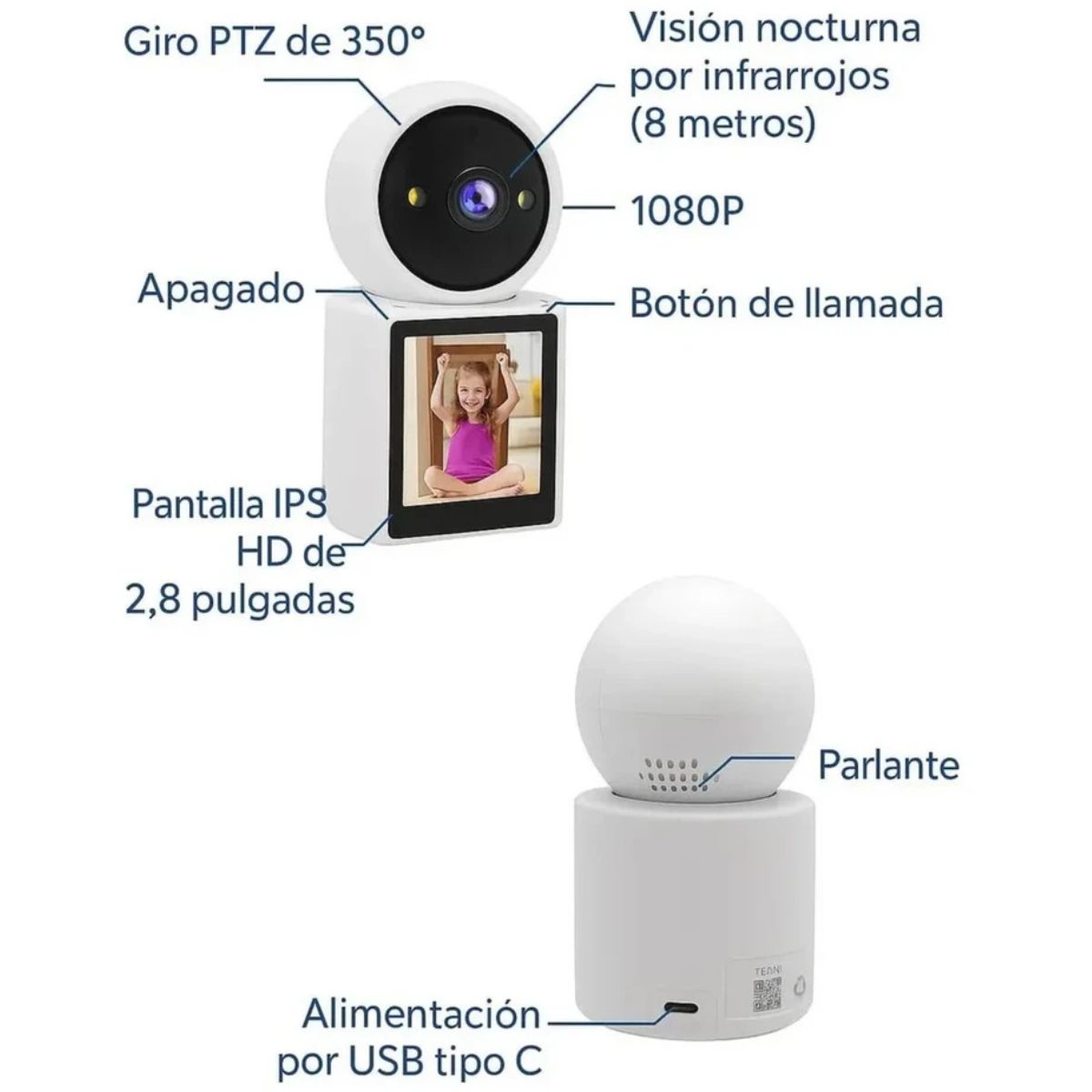 Especificaciones t&eacute;cnicas c&aacute;mara ZENDA &mdash; giro 350&deg;, visi&oacute;n nocturna 8m, pantalla IPS