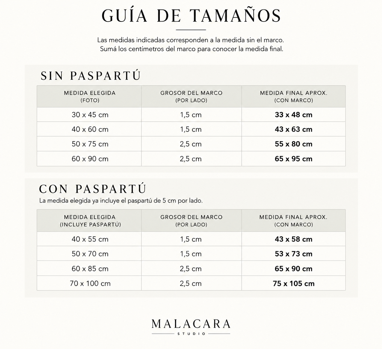 Guía de tamaños Malacara Studio