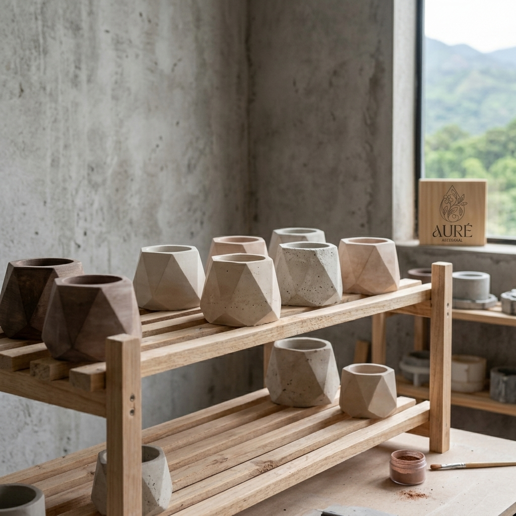 Colección de macetas y recipientes geométricos de cemento artesanal en proceso de fraguado sobre una estantería de madera en Auré Artesanal.