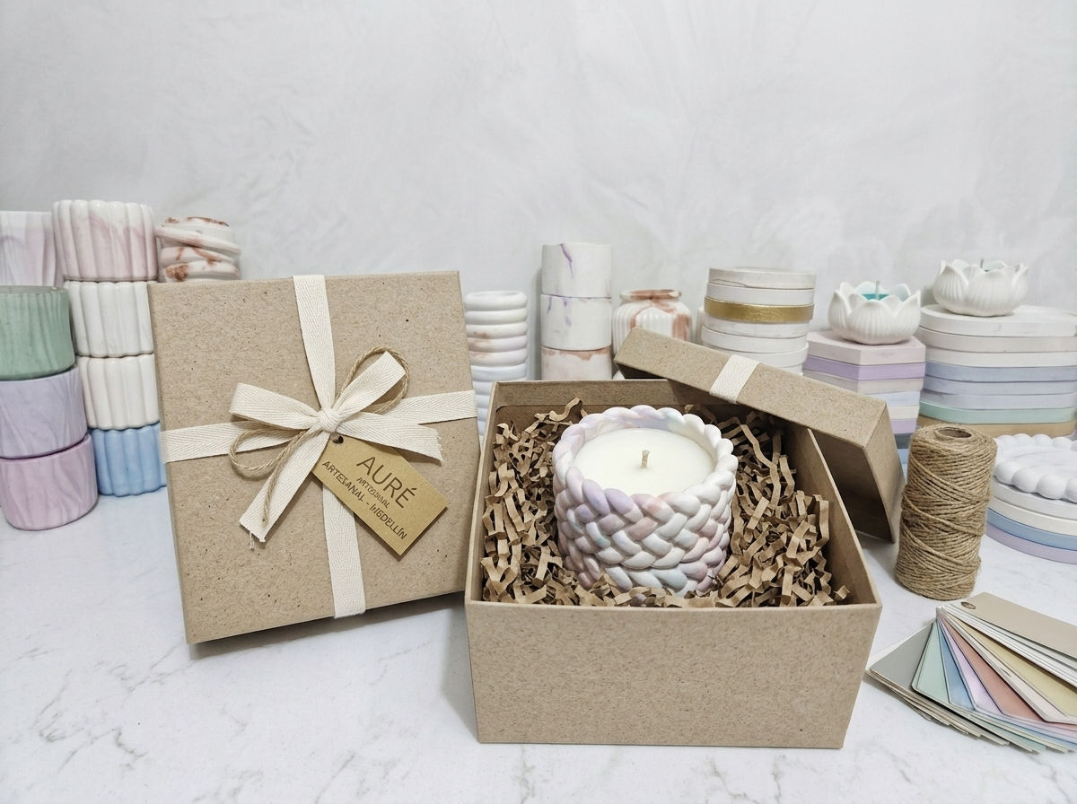 Vela artesanal en empaque de regalo de cartón reciclado con lazo, presentada junto a colección de recipientes geométricos de cemento hechos a mano en Auré Artesanal.