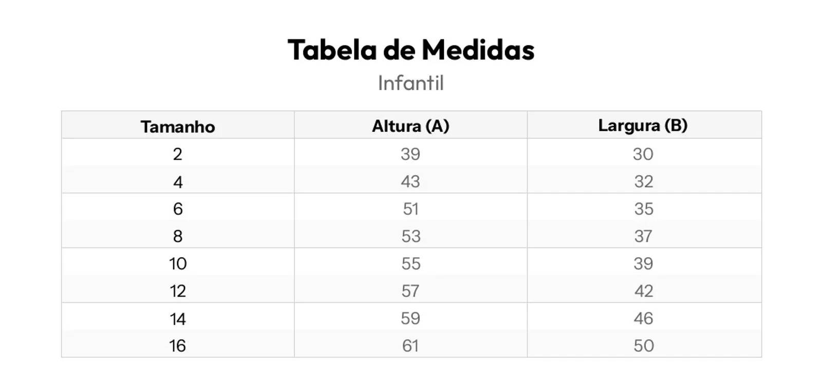 Medidas das Camisetas