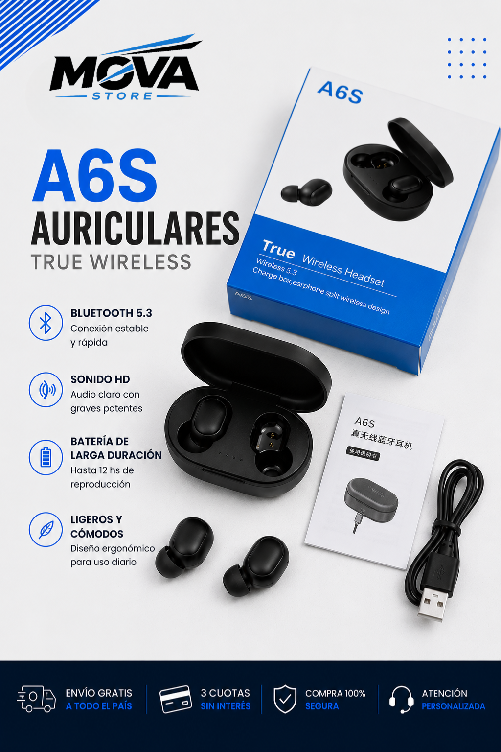 Auriculares Bluetooth A6S TWS