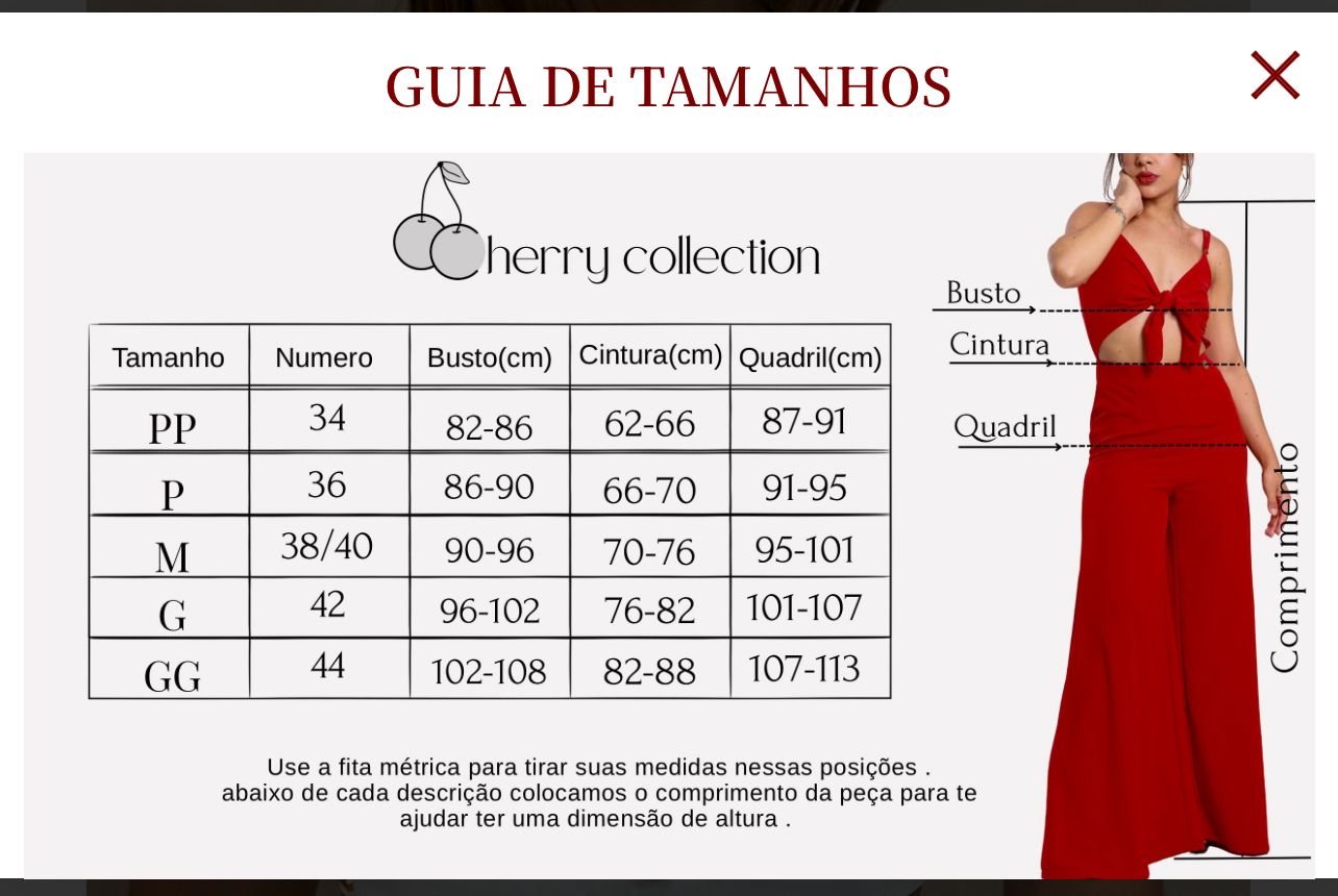 Tabela de medidas Cherry