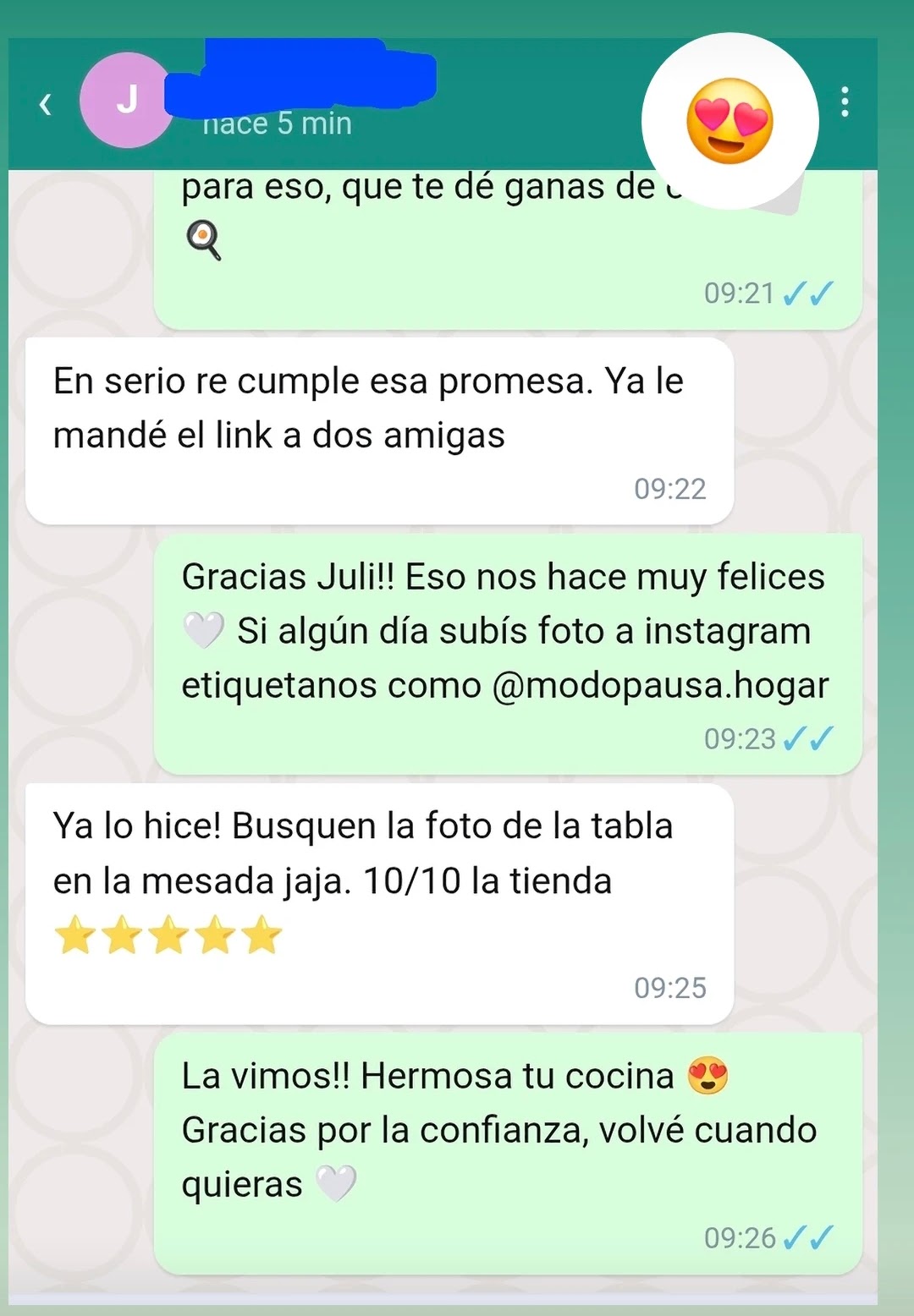Cliente califica la tienda con diez puntos y cinco estrellas