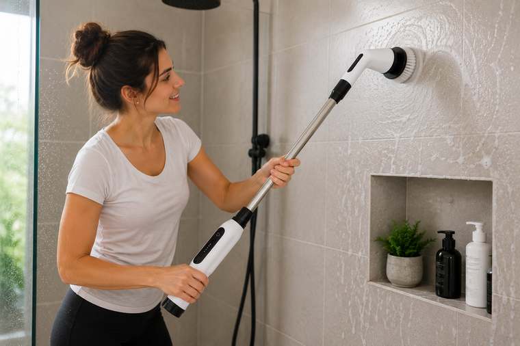 Cepillo limpiando pared de ducha con extensi&oacute;n