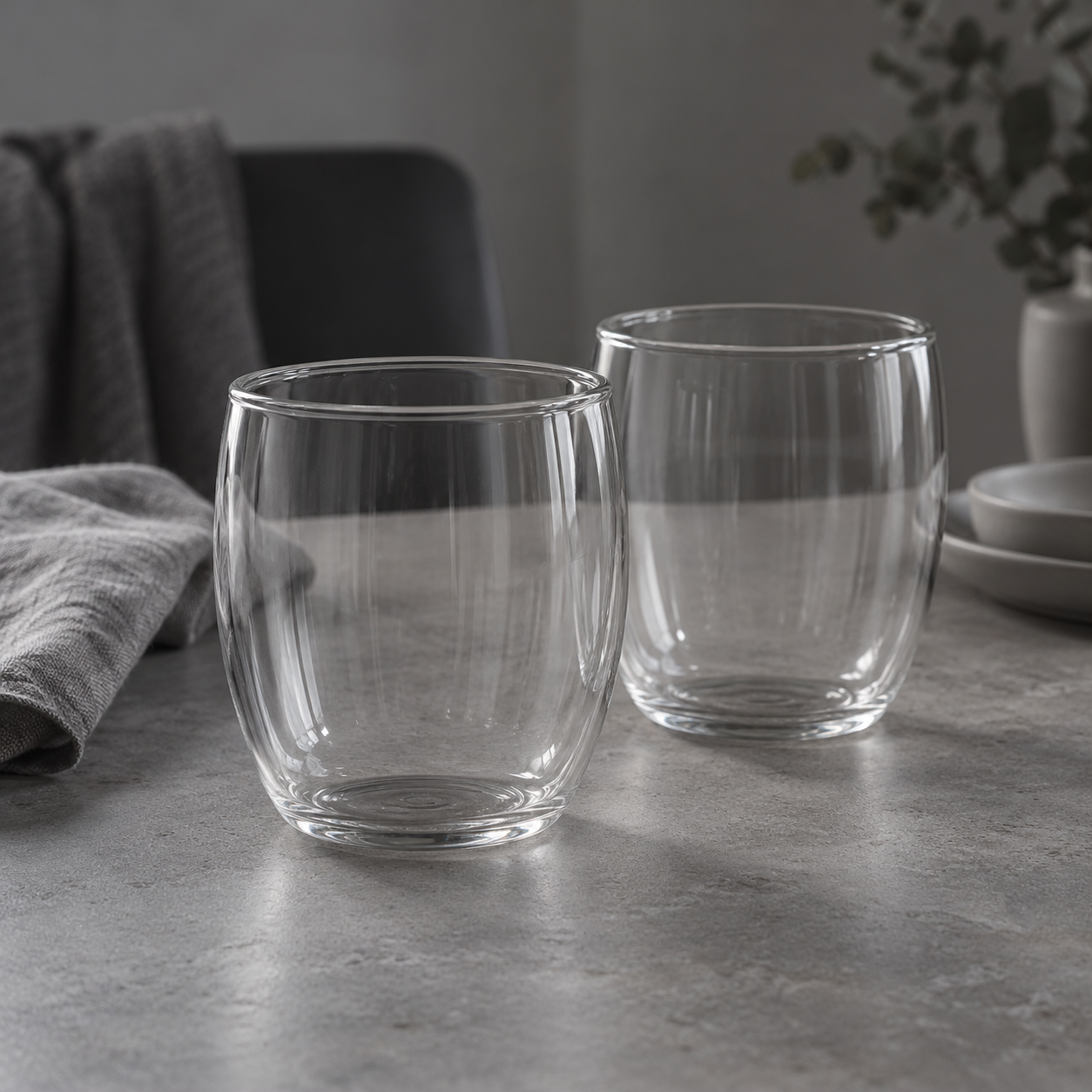 Mesa sencilla en tonos grises con vasos transparentes lisos