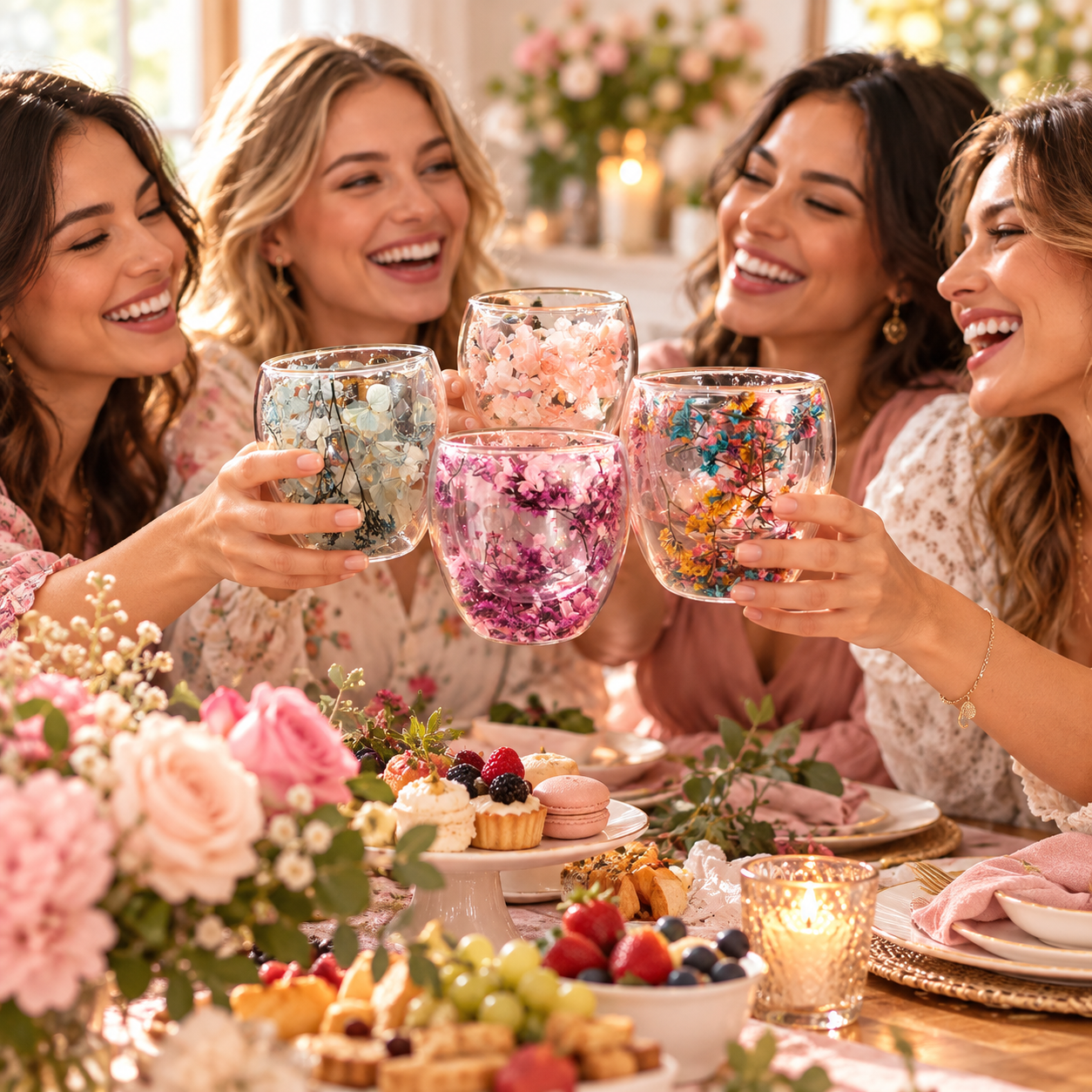 Amigas compartiendo una merienda con vasos florales en una mesa cálida y colorida