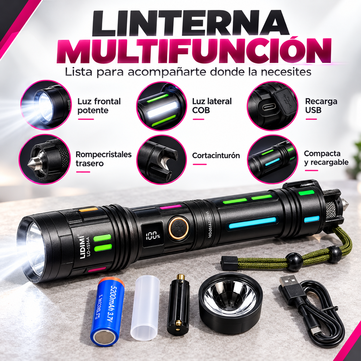 Linterna multifunción LIDIMI con detalles de funciones y accesorios
