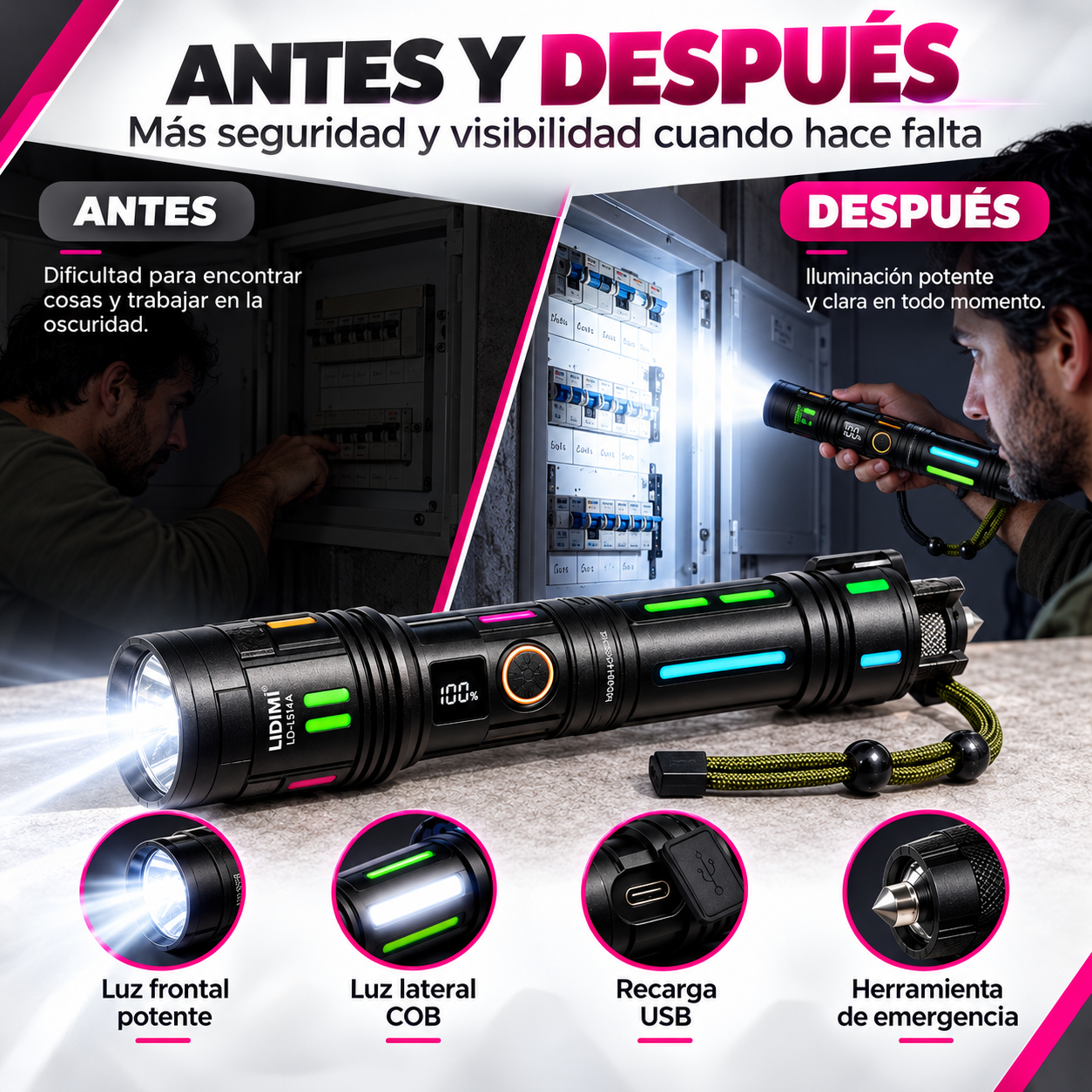 Comparación ilustrativa de un entorno oscuro y un entorno iluminado con la linterna