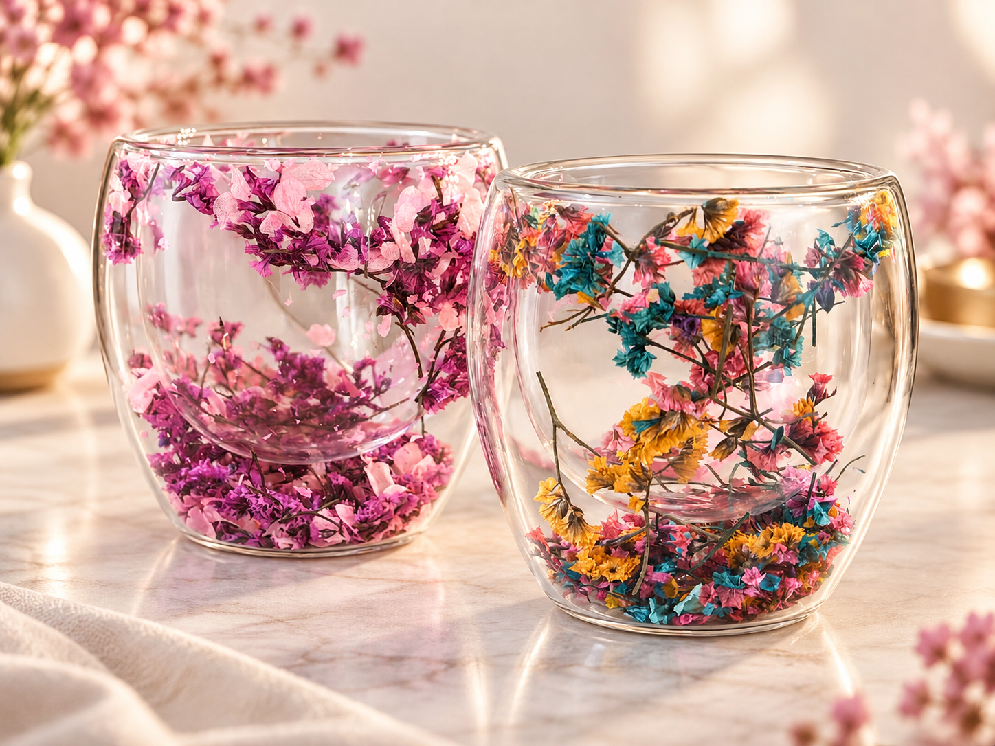 Vasos florales transparentes de forma redondeada en tonos rosa y multicolor