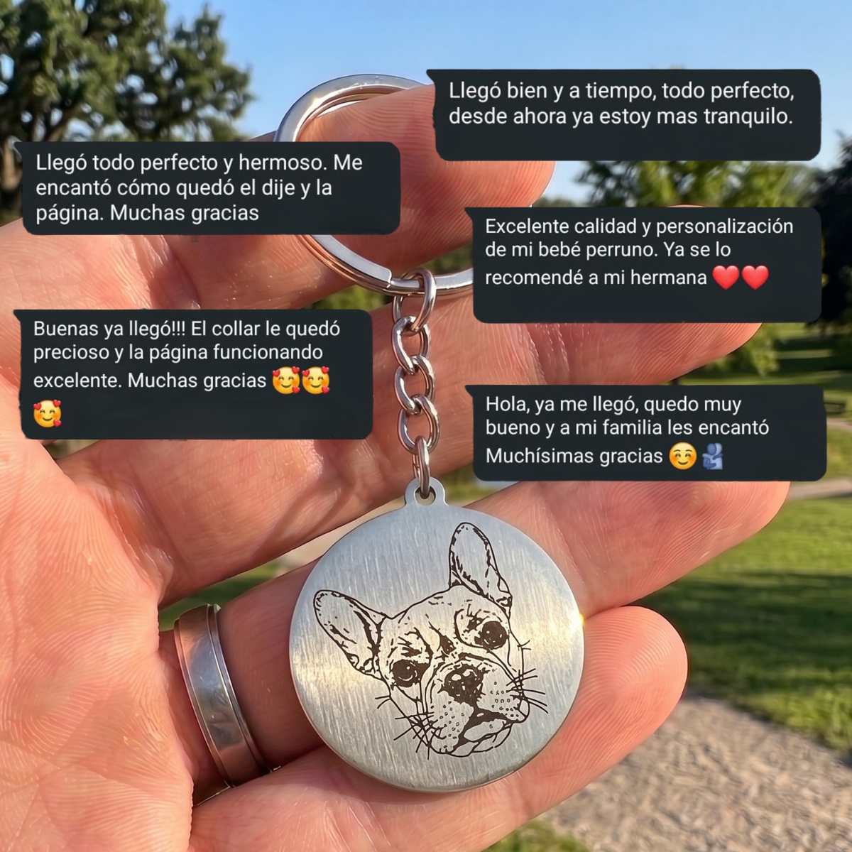 Mensajes y comentarios de clientes de Tsuki Pets sobre el collar con dije QR