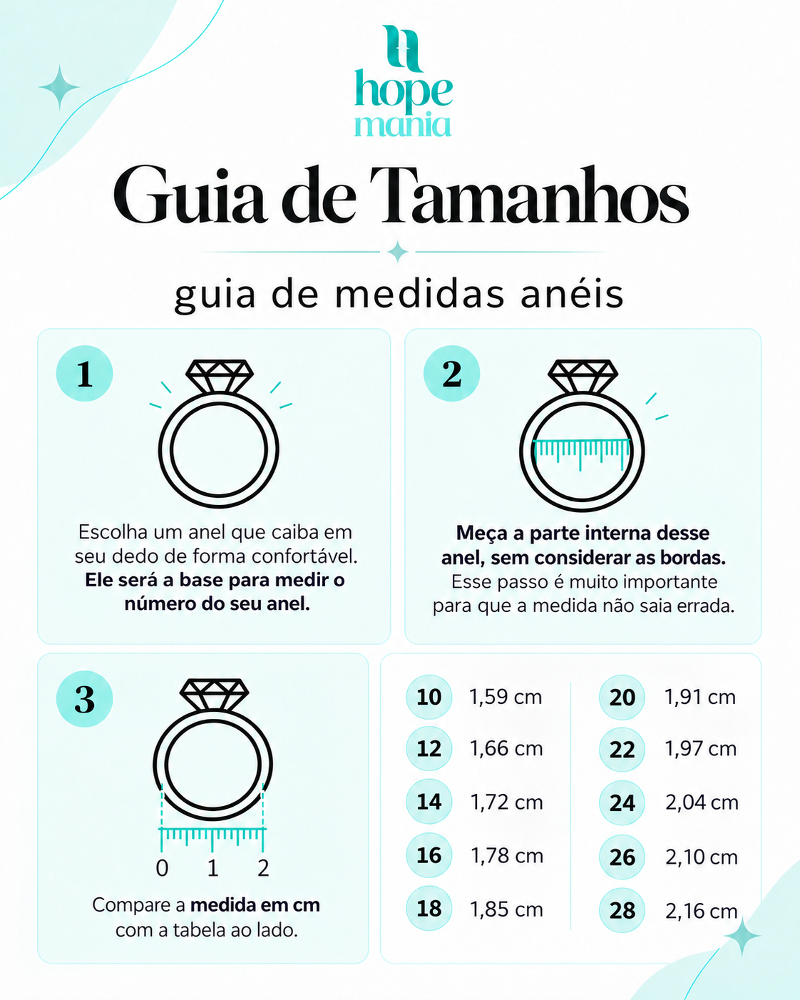 Guia de tamanhos de anéis e alianças Hope Mania com passo a passo para medir o diâmetro interno e tabela de medidas em centímetros.