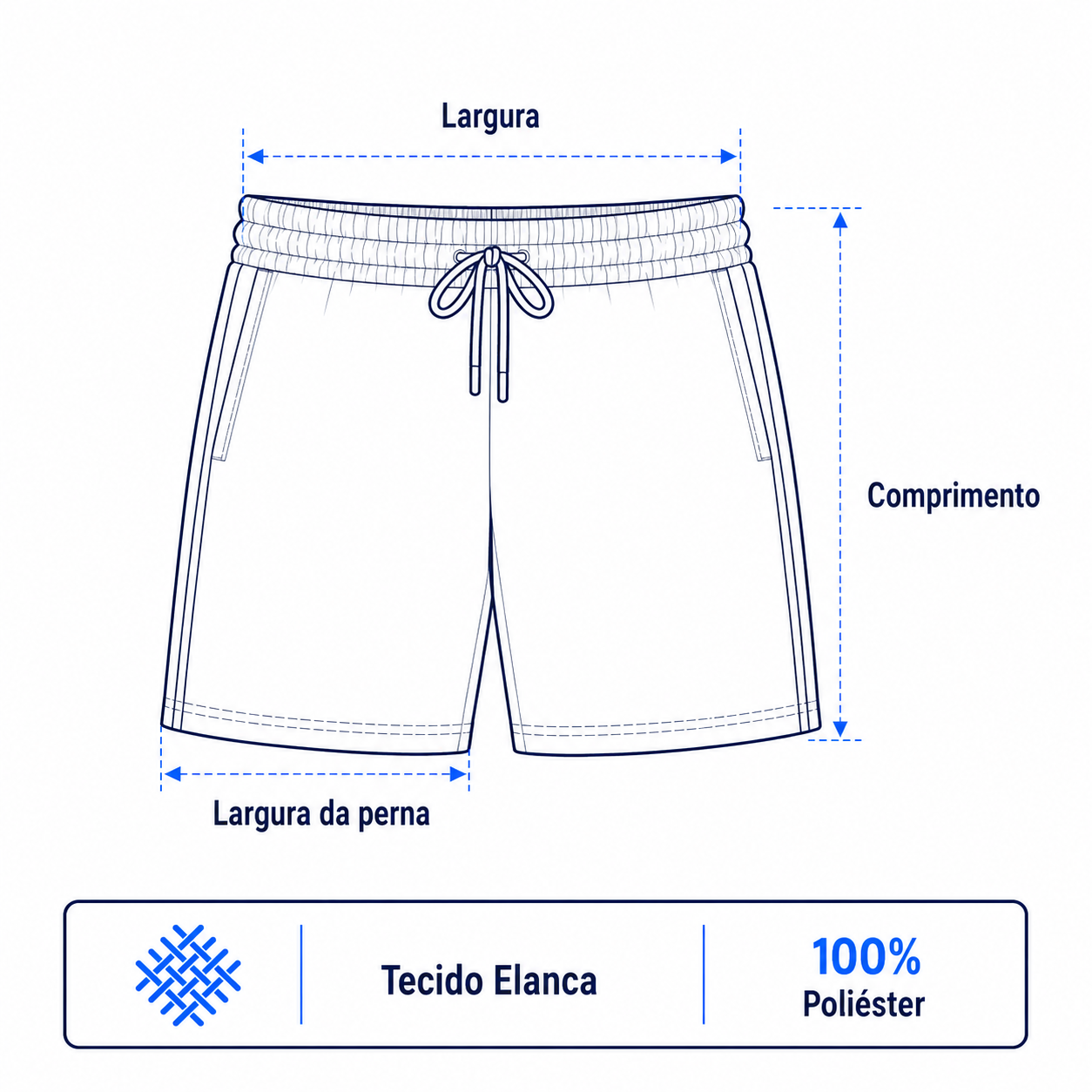 Ilustração explicando como medir uma bermuda de elanca. A largura corresponde à medida horizontal da cintura, de uma lateral à outra. O comprimento é medido da parte superior da cintura até a barra da peça. A largura da perna corresponde à medida da abertura da barra. Também é apresentada a composição do tecido em Elanca: 100% poliéster.